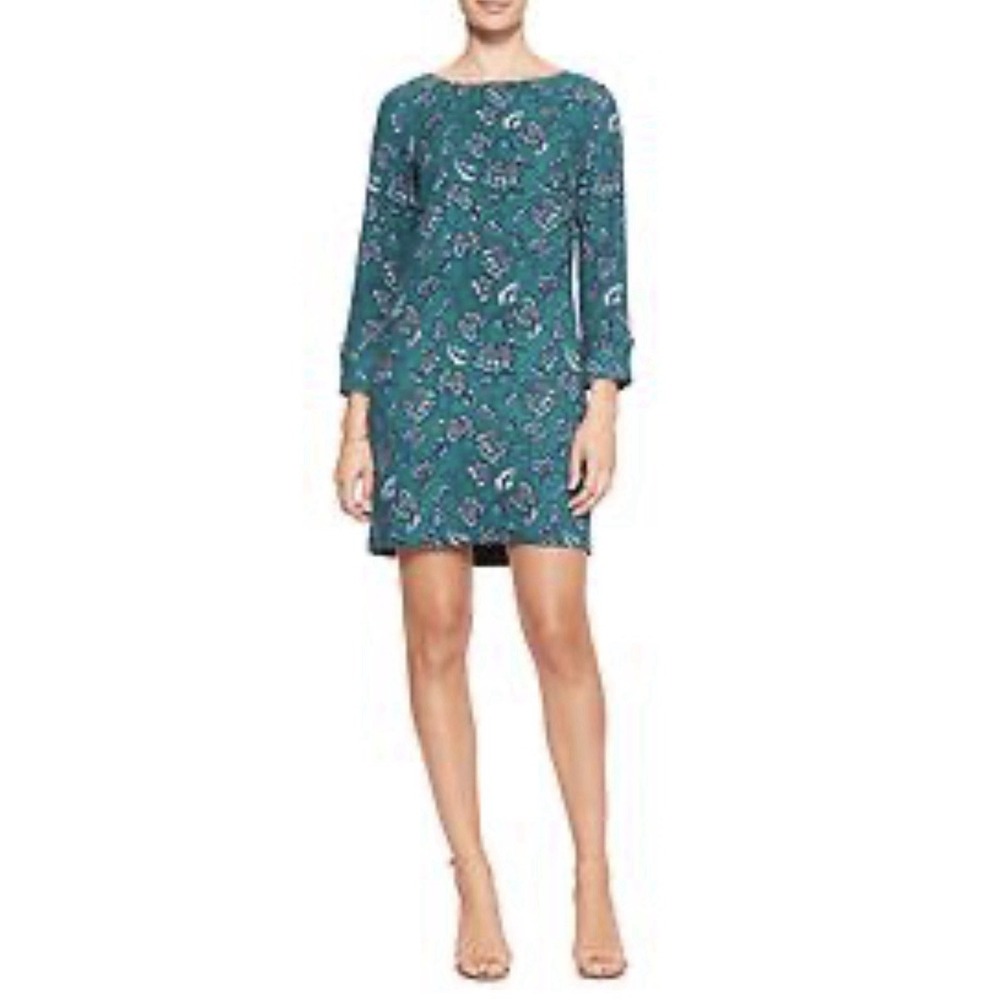 Banana Republic Women's Teal Blue Floral‎ Long Sleeve Shift Dress Size 6 $90